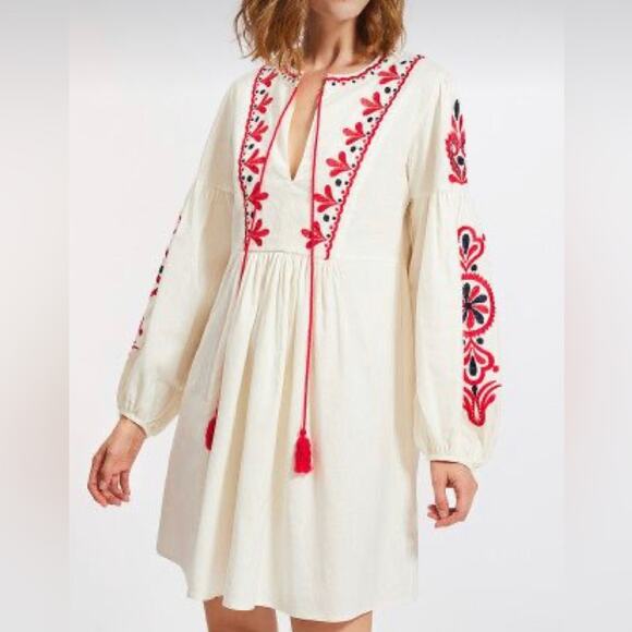 Mochy Embroidered Babydoll Mini Dress White Boho Red Blue Flowy Tent Small - Picture 1 of 10